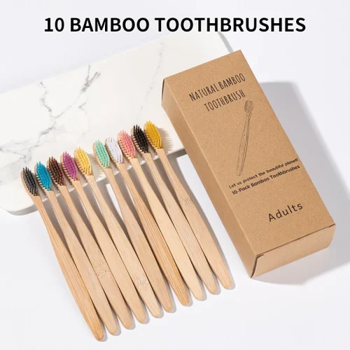 Pack of 10 eco-friendly bamboo toothbrushes in various colours