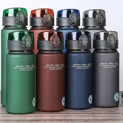 BPA free water bottles lined up