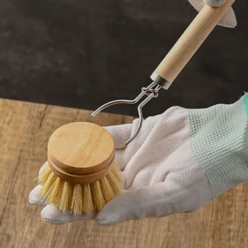 Long wooden handle dish brush detaching