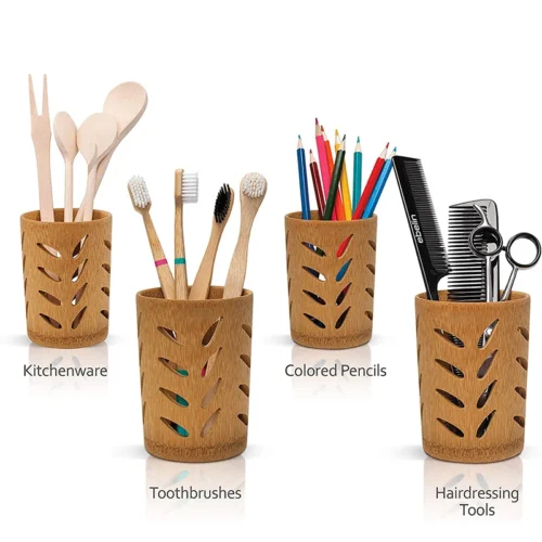 Bamboo toothbrush holder with different items in them