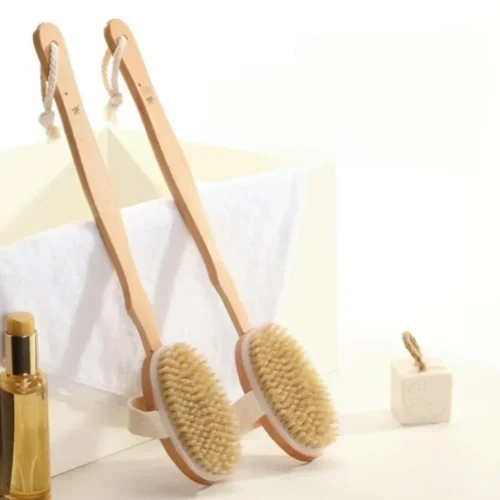 Wooden detachable shower brush shown