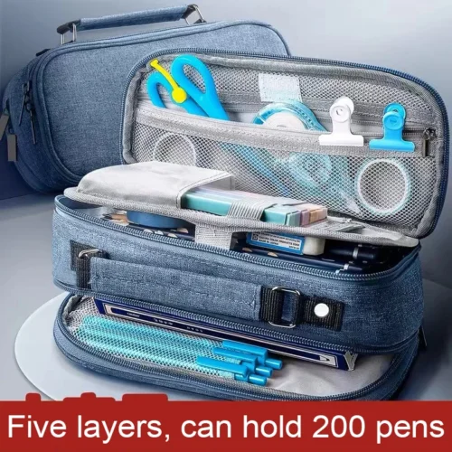 Multi-layer pencil case filled and opened